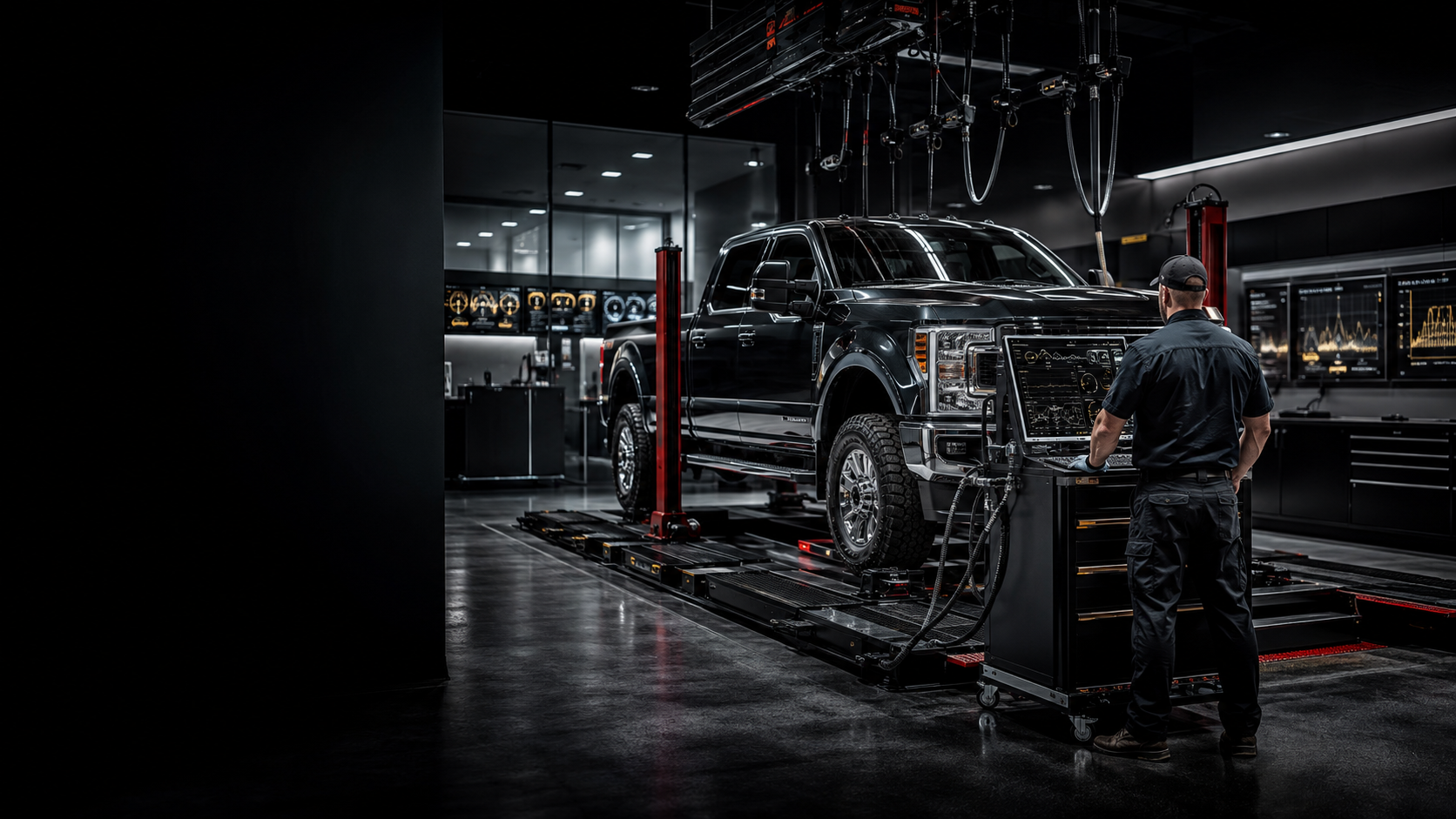 Heavy-duty truck undergoing advanced electronic transmission diagnostics