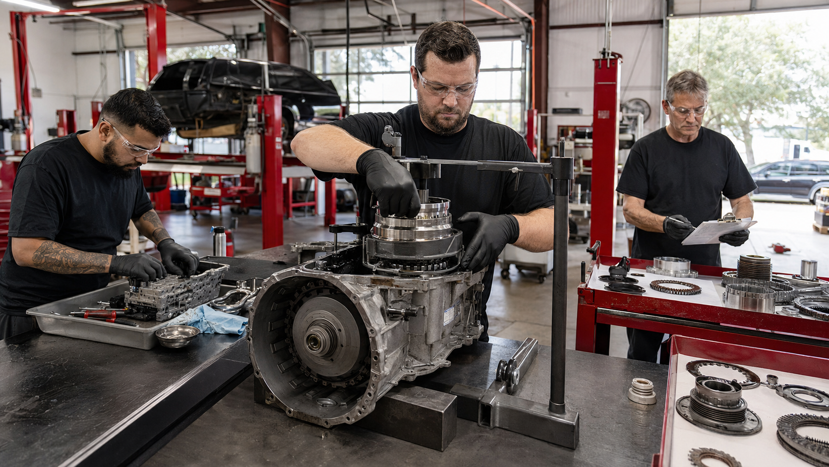 Pitbull specialists performing a coordinated transmission repair