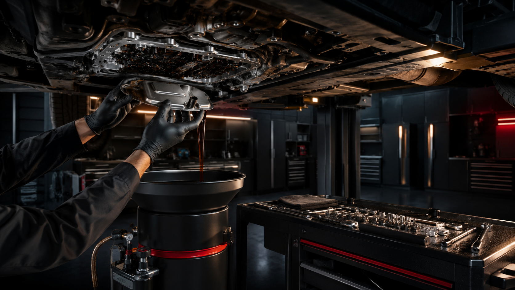 Technician performing transmission pan and filter service