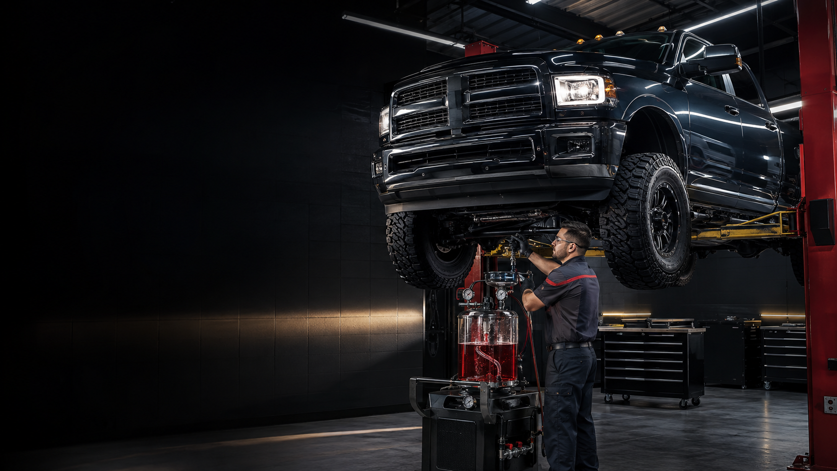 Heavy-duty pickup receiving professional transmission fluid service