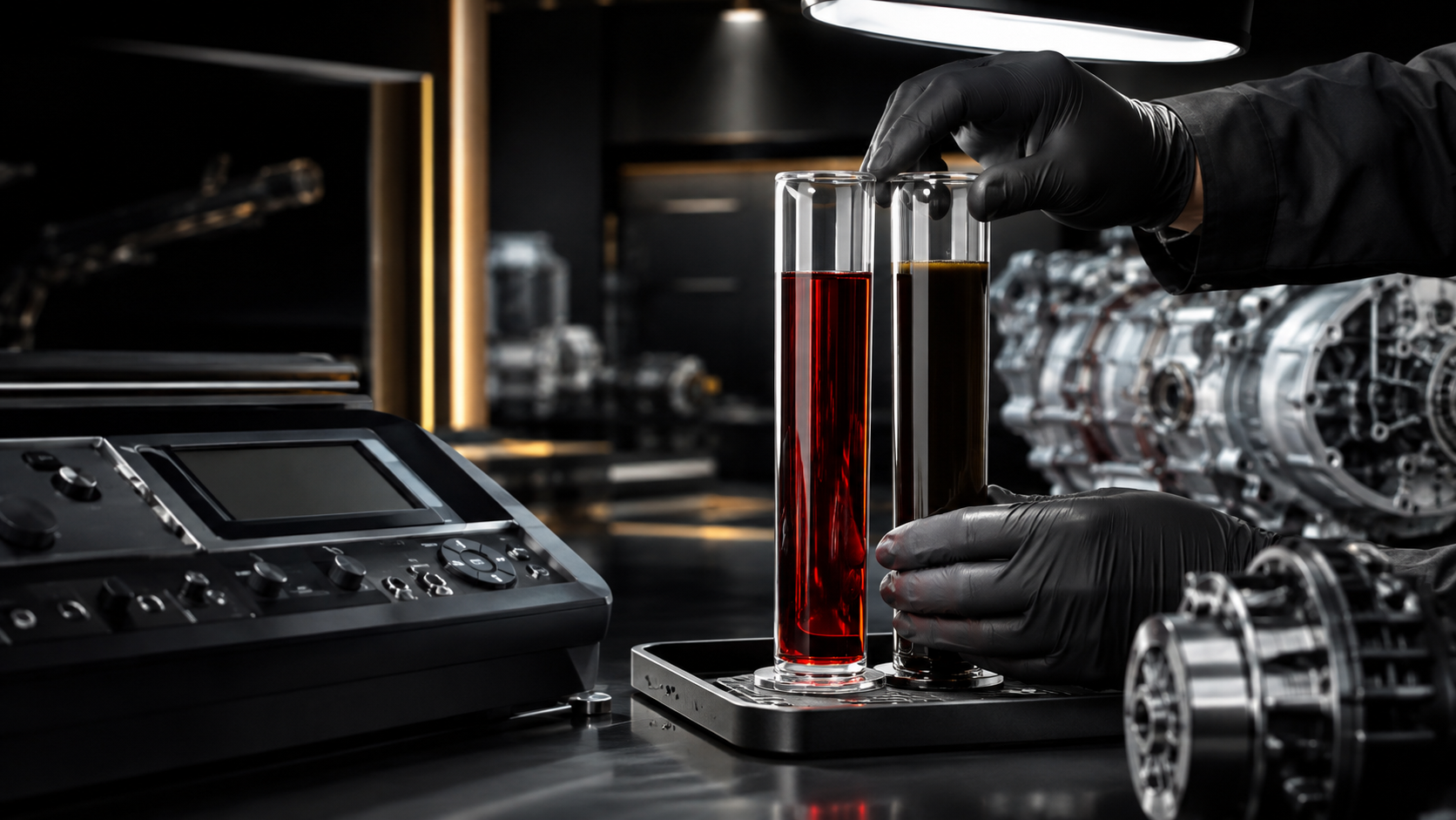 Comparison of clean red transmission fluid and degraded dark fluid