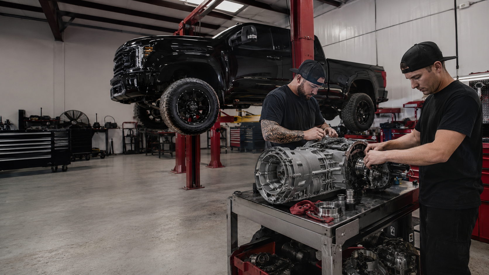 Pitbull technicians assembling a high-performance truck transmission in a professional Texas workshop