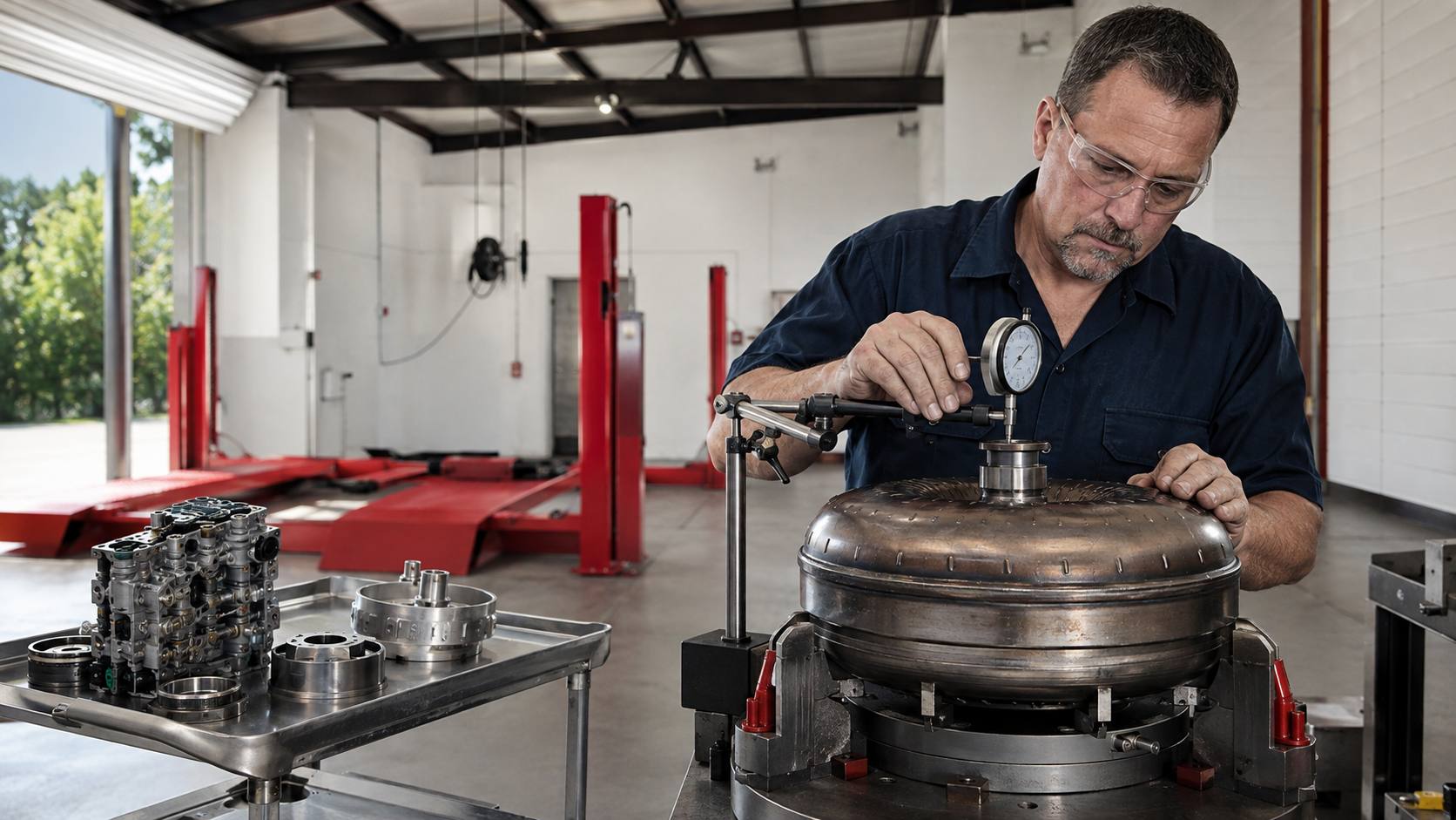 Technician checking torque converter runout for a high-performance transmission