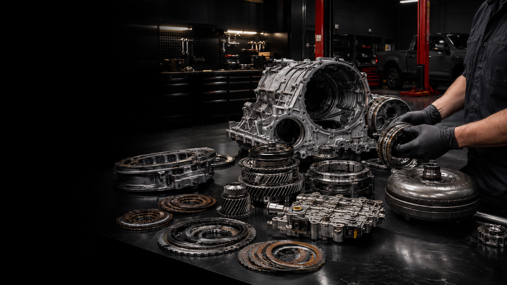 Heavy-duty automatic transmission completely disassembled for professional reconstruction